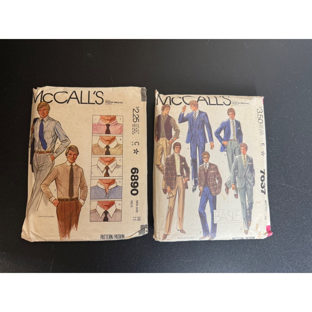 Vintage McCalls Mens Sewing Pattern Lot 6890 Shirt 7637 Basile Suit Jacket Pants